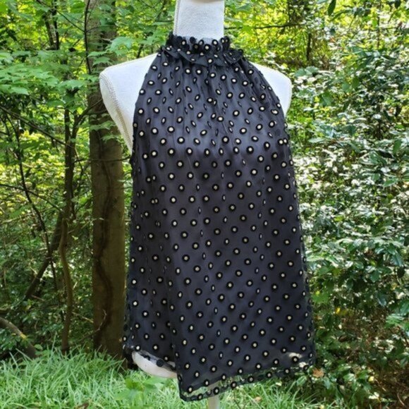 LOFT Black and Gold Clip Dot Velvet Embroidered Mesh Sleeveless Blouse Top (NWT) - Picture 2 of 8